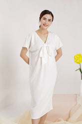 V-Neck Midi Silk Dress with Front Bow Detail